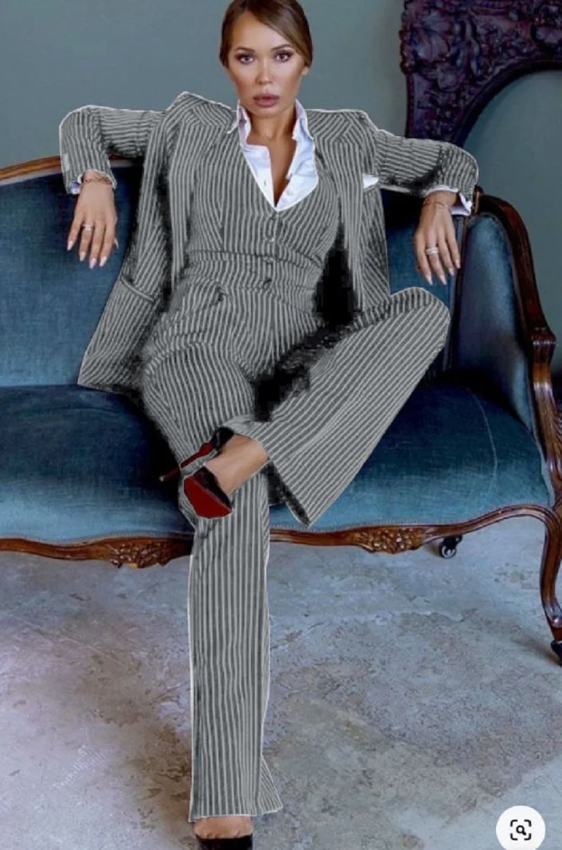 Women's Three-piece Striped Single-breasted Suit Large Size Sets Women Summer Fashion 2024 Great Costumes Pant Elegant Trousers
