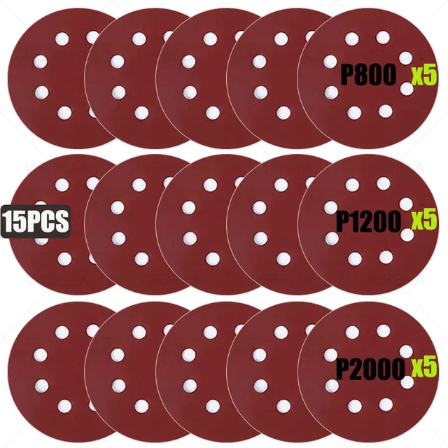 

5" 125mm Polishing Disk 8 Hole 15pcs Sandpaper Polishing Wheel for Metal Wood Car Wheel Headlight Polishing Kit 800- 5000#