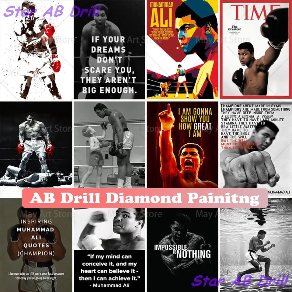 

New Muhammad Ali Motivational Quote 5D Diamond Painting Kit AB Drill Embroidery Sport Picture Mosaic Art Cross Stitch Home Decor