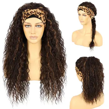 24 Inch Highlight Curly Headband Wig Deep Wave Synthetic 2 Tone Long Layered Brown Wigs  Women Glueless Hair Band Curly Wig