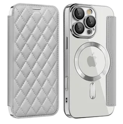 Premium Flip Magnetic Leather Case with Wireless Charging and Transparent Card Wallet Cover - iPhone 15 Plus (Gray)