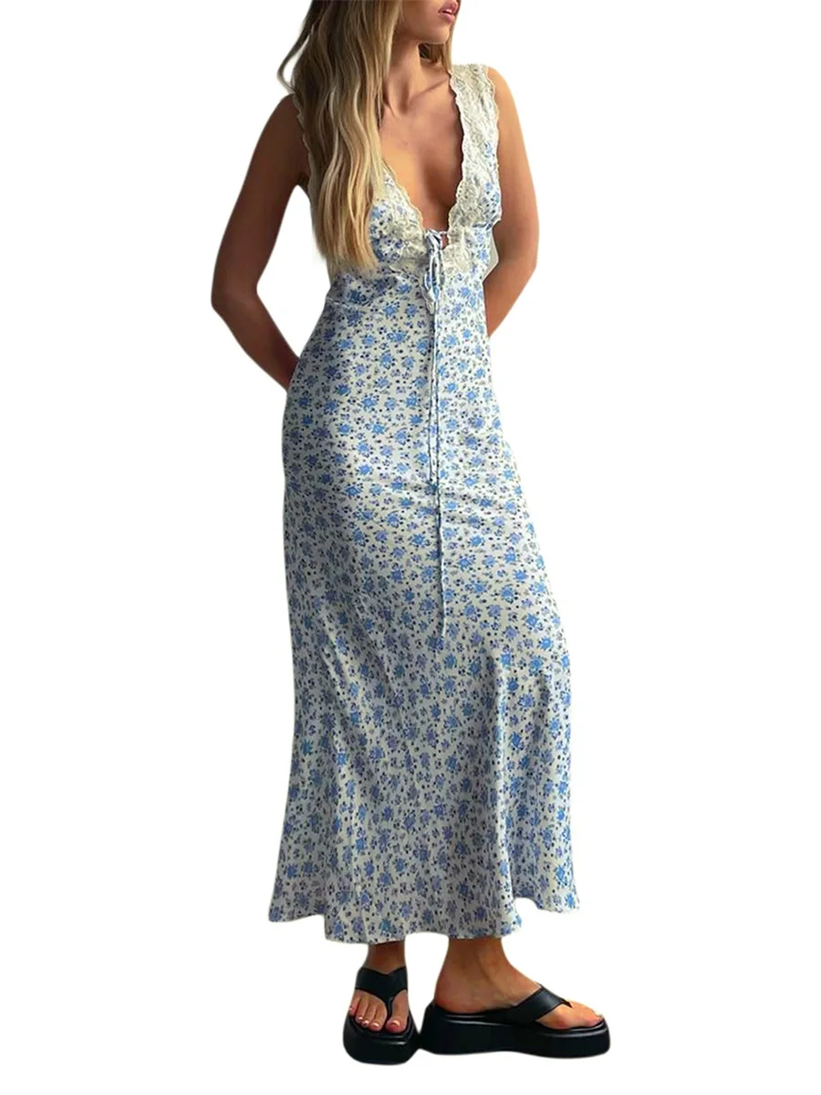 

Women Elegant Long Dress Floral Print and Lace Patchwork Deep V-Neck Sleeveless Dress Summer Front Tie-Up Backless Party Dress