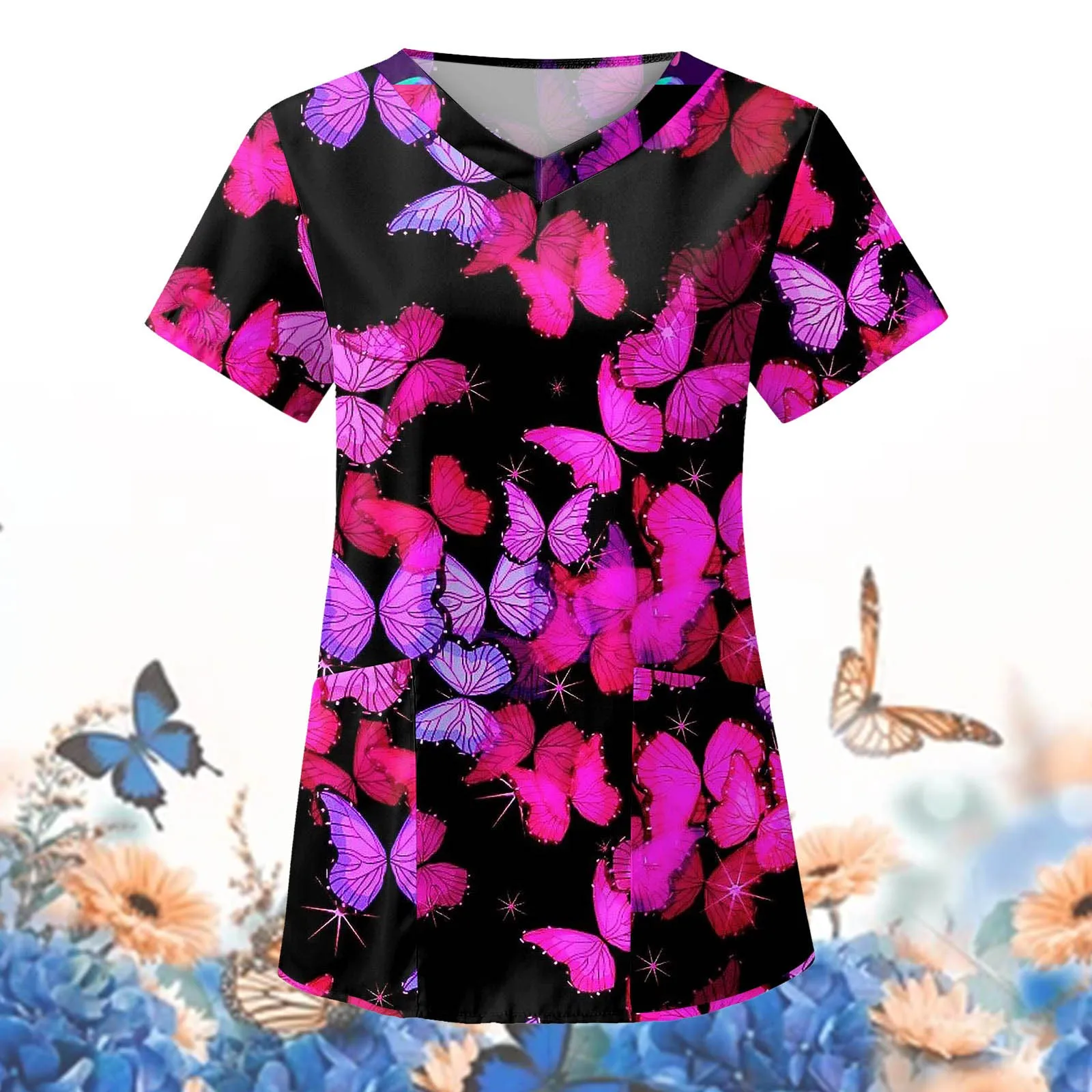 Nurse Uniform Women Short Sleeve Tops Working Uniform Blouse Butterfly Print Workwear Scrub Nursing Working Clothes
