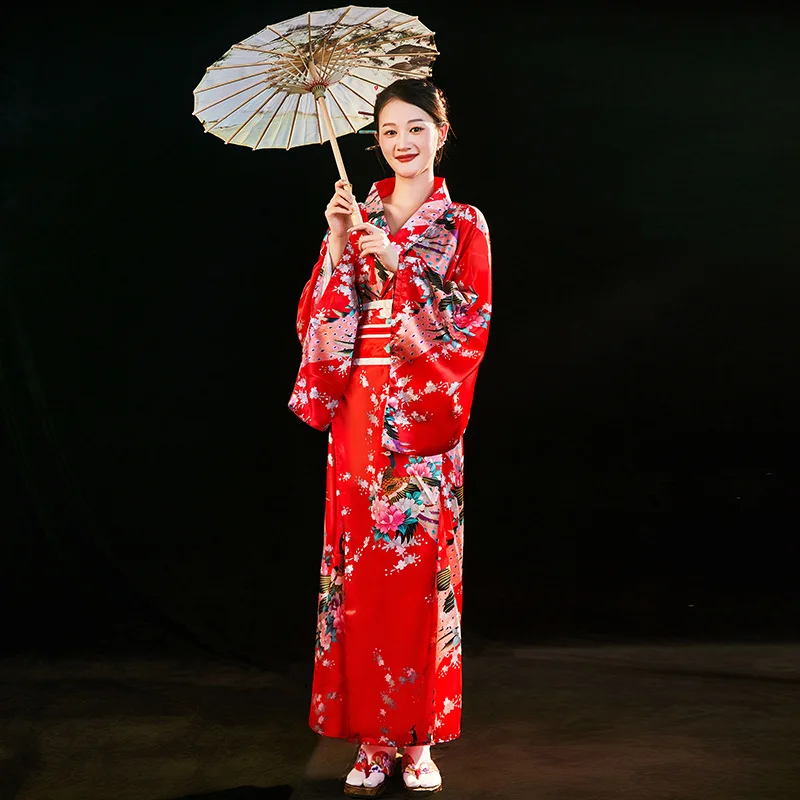 Japanese Women Fashion Tradition Yukata Silk Rayon Kimono With Obi Flower Vintage Cosplay Costume Evening Dress One size