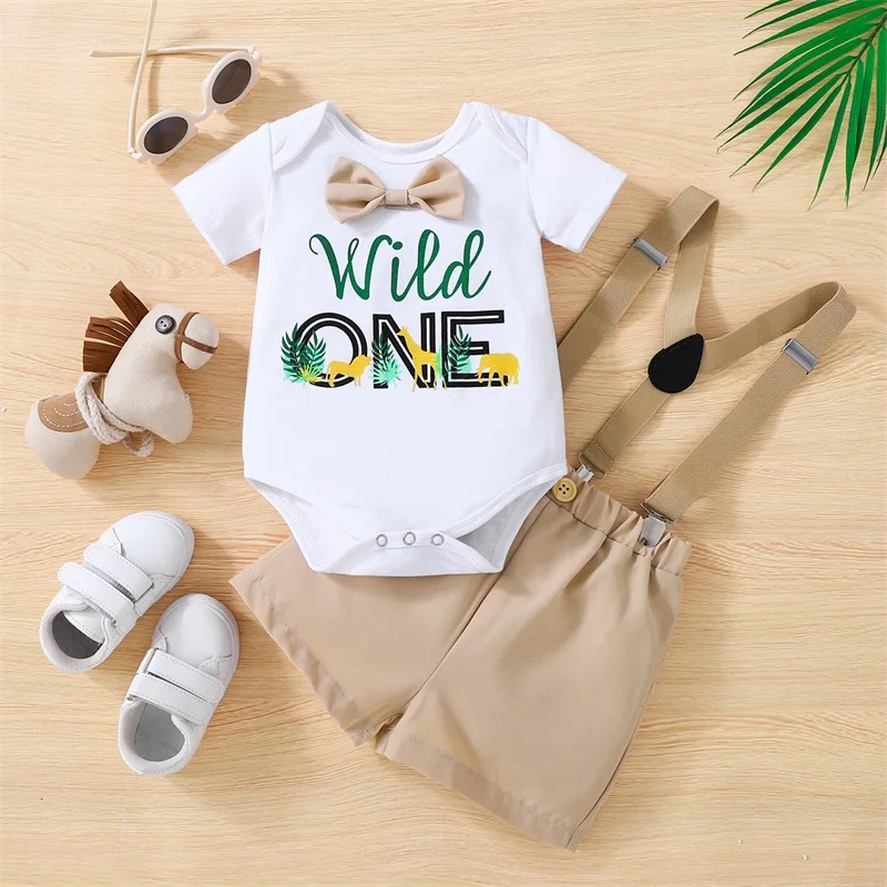 

2023-04-05 Lioraitiin 0-18M Infant Baby Boys 2Pcs Summer Outfit Sets Short Sleeve Letter Animal Print Romper Suspender Shorts