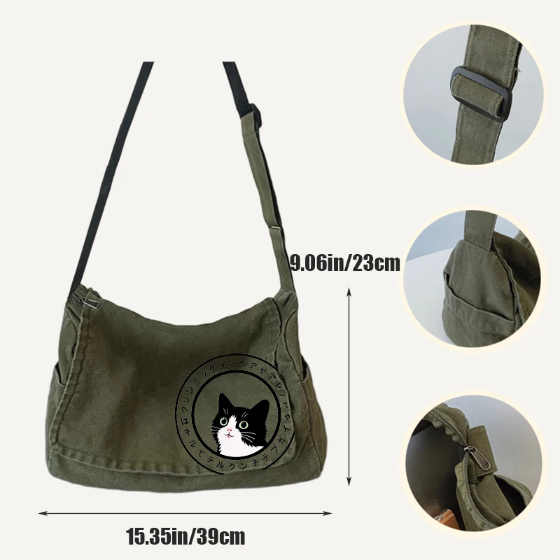 Women's Cat Print Shoulder Bag Female Canvas Messenger Bag Retro Tote Crossbody Bag Laptop Commuting Bag