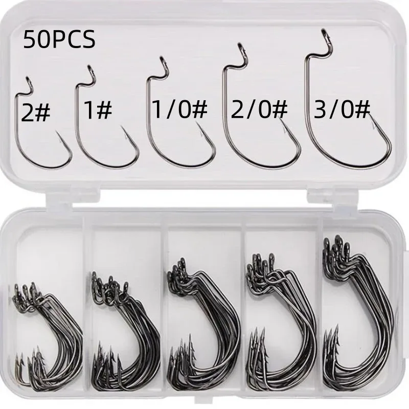 Fishing Tackle 50Pcs Box Fishing Hooks Set Jig Crank Barbed Hook High Carbon Stainless Steel Wide Gap Offset Fishhook Soft Worm Sea Hook
