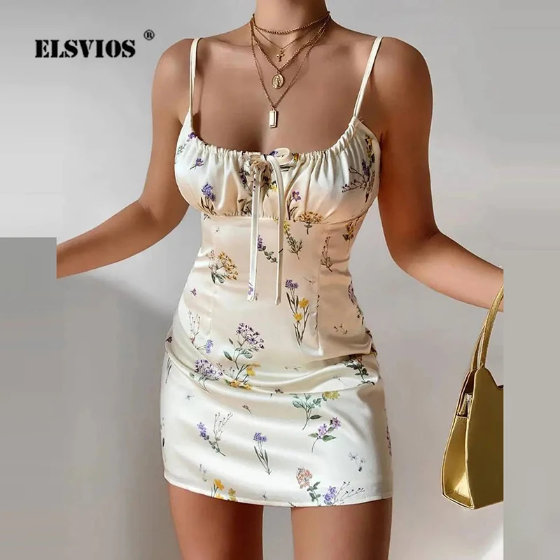 

Casual Floral Print Mini Dresses Women Sexy Sleeveless Slim Sling Vestidos Summer Lady Fashion Lace Up Square Collar Party Dress