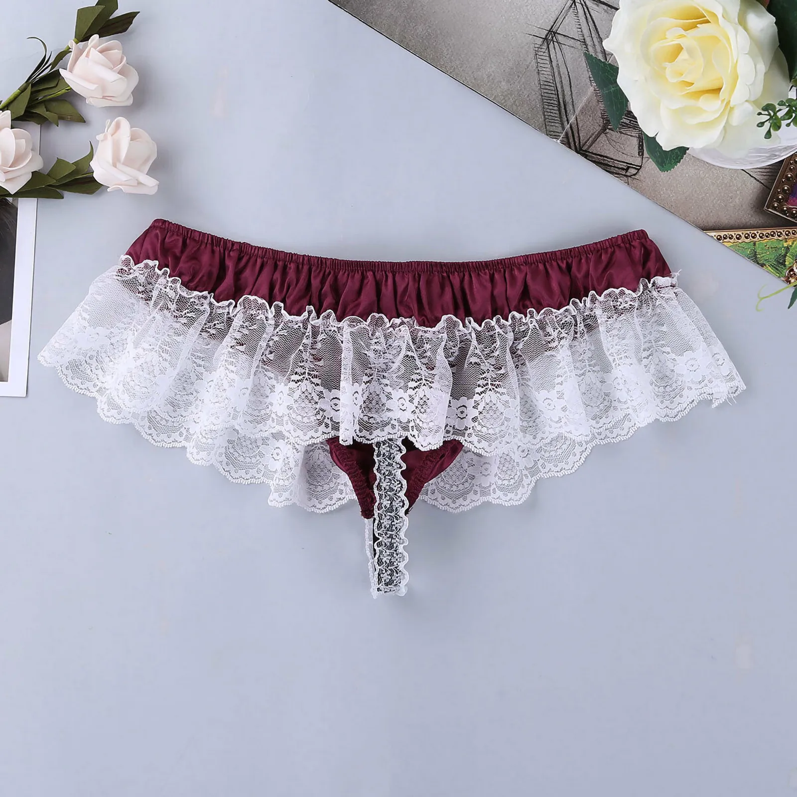 Men Sexy Lace Stitching Transparent Briefs G-string Thong Tanga Underwear Shorts Exotic T-back Open Butt Low Sissy Thongs Briefs
