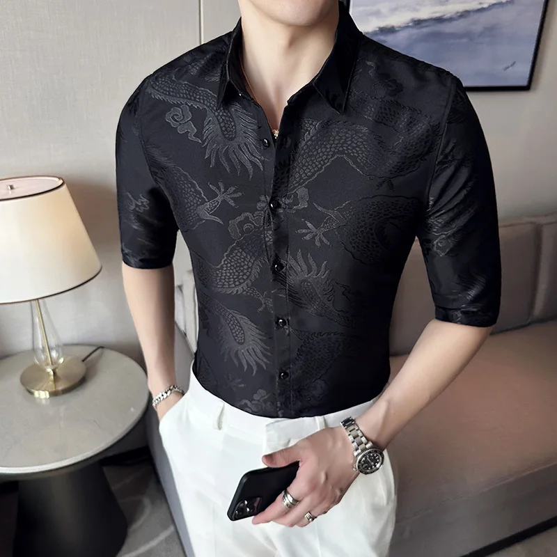 2023 British Style Men's Summer Casual Printed Half-sleeve Shirt/Male Slim Fit High Quality Lapels Business Shirt Plus Size 4XL