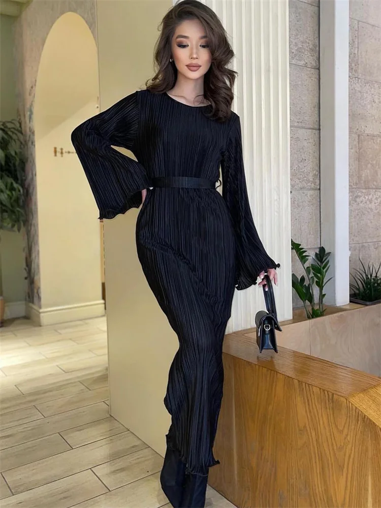 Vestido largo acanalado con volantes y cordones para mujer, manga larga, cintura alta, elegante, para fiesta, otoño, estilo vendaje