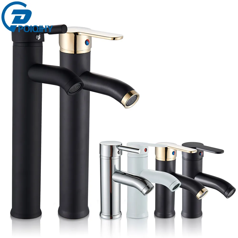 POIQIHY Bathroom Basin Faucets Cold/Hot Mixer Basin Sink Tap Black Golden Water Kitchen Faucet Bathroom Vessel Sink Tap One Hole