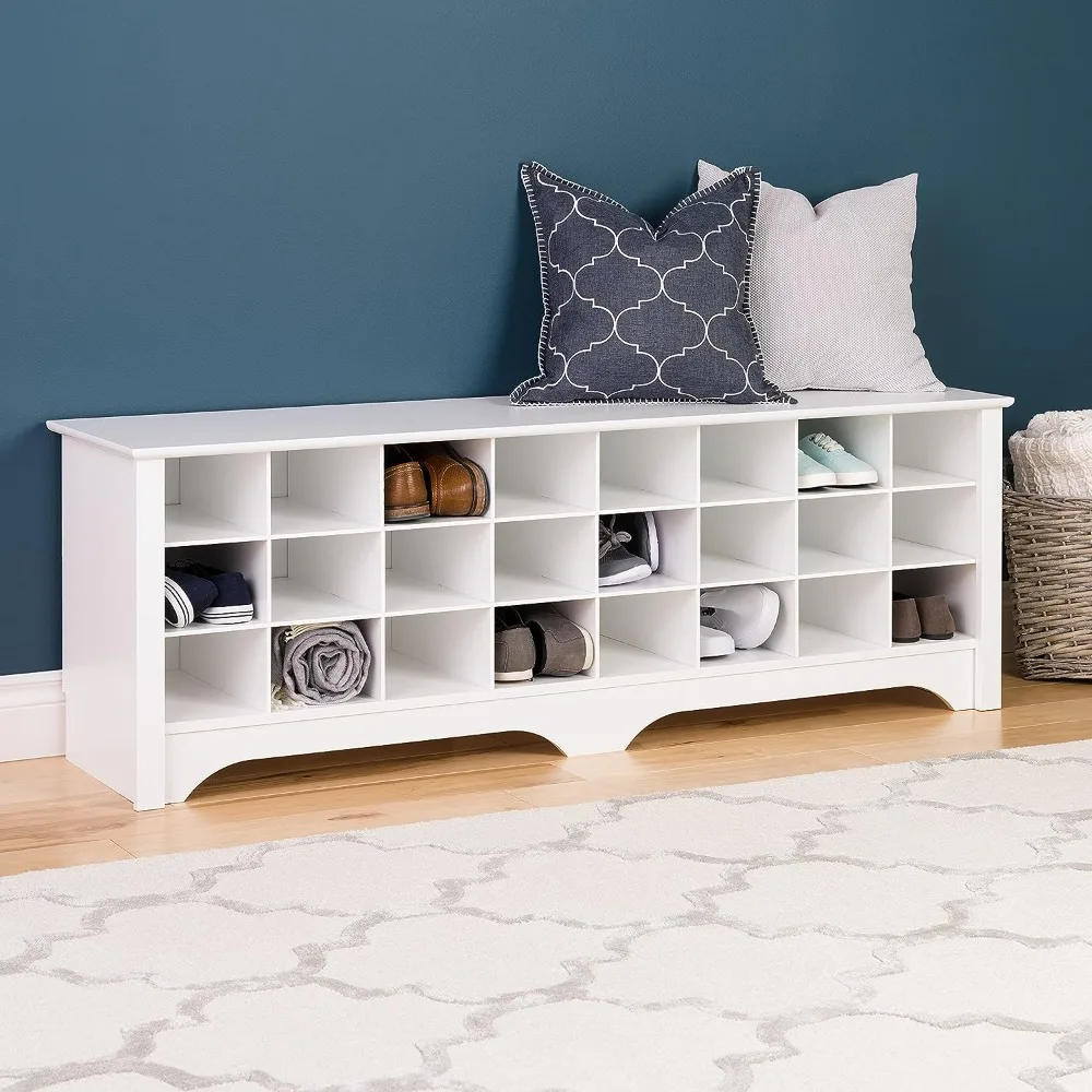 

White Hall Bench with Storage and Seating: 24-Shoe Cubby Bench, Ideal White Shoe Rack for Entryway,Or a living room cabinet