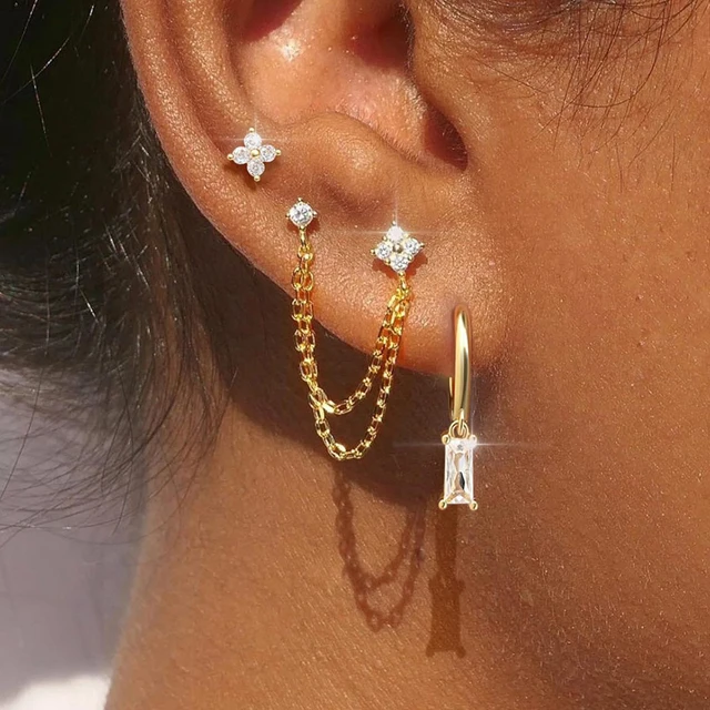 Boucles d'oreilles carrées suspendues en acier inoxydable, 2 pièces, pierre d'anniversaire de décembre, chaîne en zircone cubique, fleur, bijoux de perçage