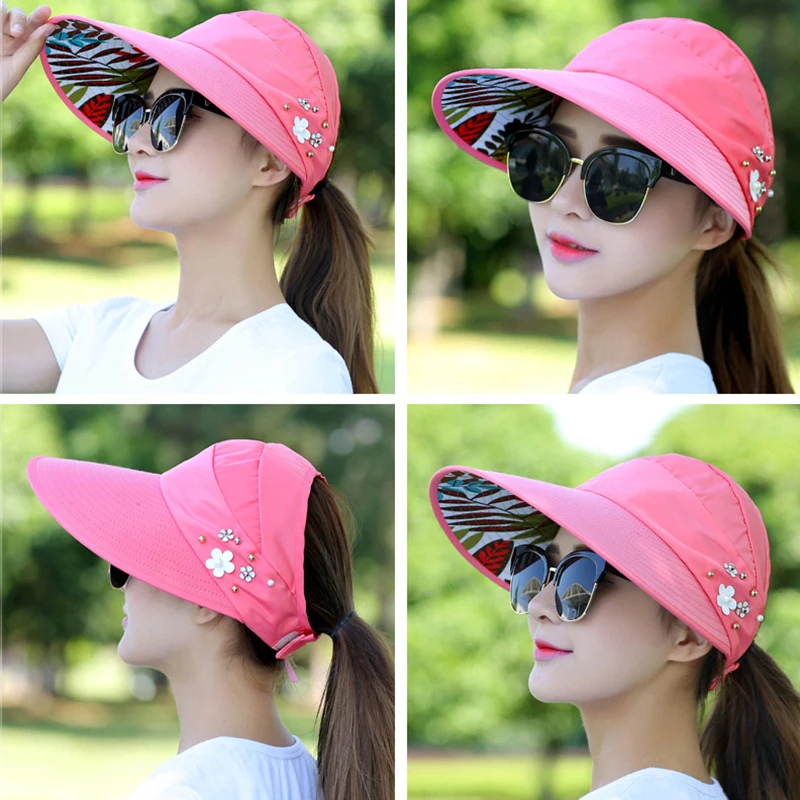 Summer Outdoor Wide Brim Casual Cap UV Protection Beach Sun Visor Adjustable Empty Top Breathable Hat Foldable Sun Hat