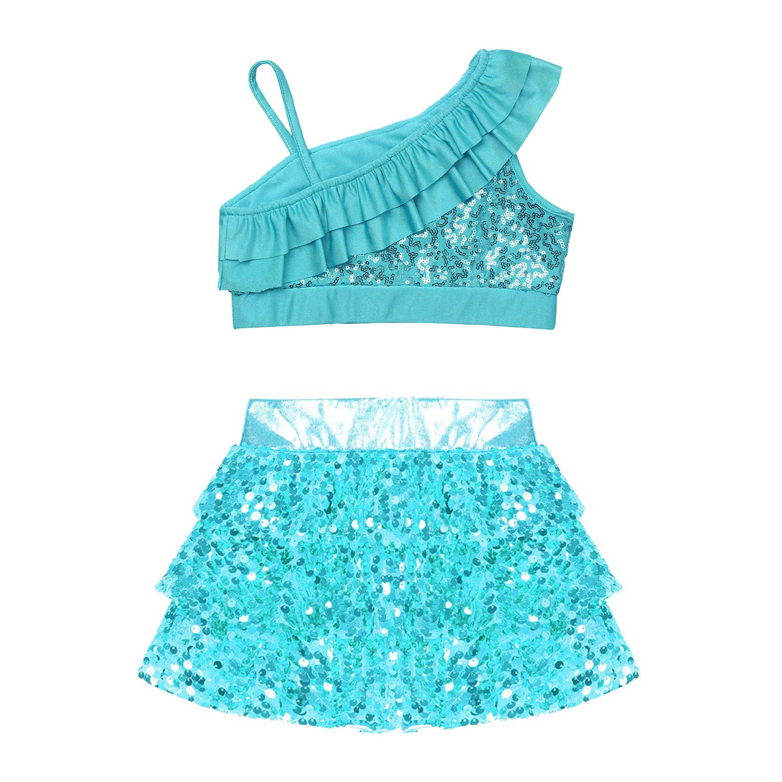 Kids Girls Sequin Crop Top With Skirt Set Jazz Latin Dance Outfits 2 Piece Performance Costume Dancewear – Buy The Best Products In The Online Store - Foto 6