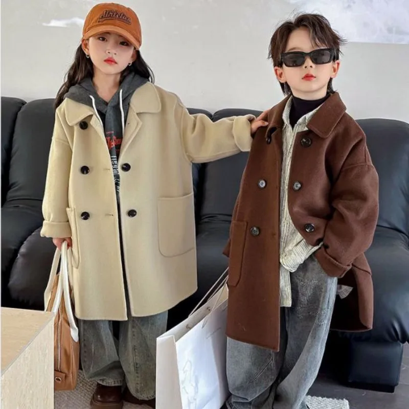 معطف صوفي للخريف والشتاء للأولاد والبنات على الوجهين معطف صوفي عصري للأطفال على الطراز الكوري متوسط الطول