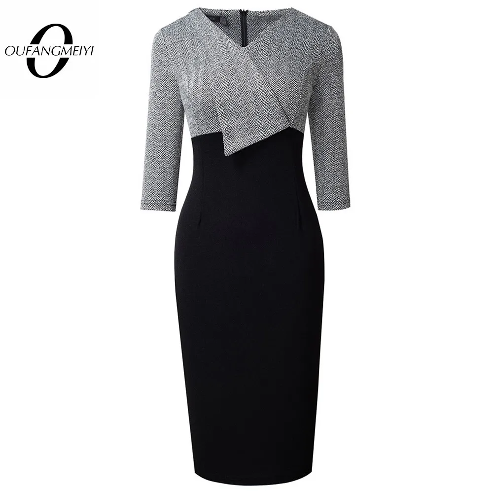 Autumn-Women-Classy-Black-and-Gray-Patchwork-Dresses-Business-Office ...