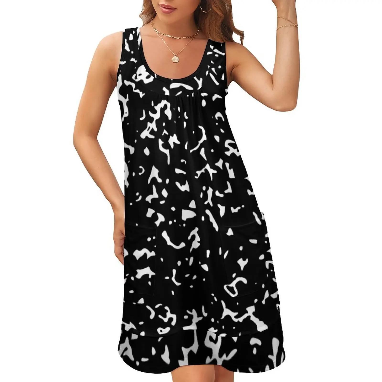 

Black and White Abstract Pattern Sleeveless U-Neck Fake Two Piece Dress womens clothing Women's summer dresses