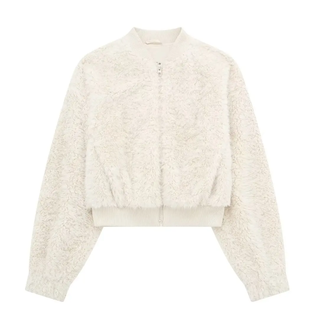 

Women New Fashion Artificial fur effect Cropped flying Jacket Coat Vintage Long Sleeve Zipper Female Outerwear Chic Overshirt