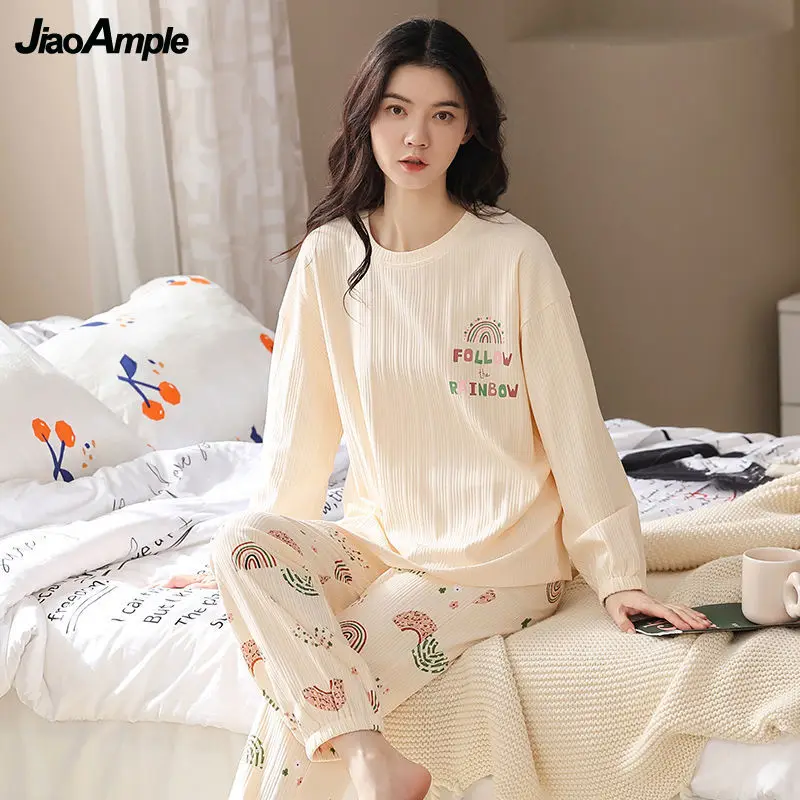 Women's Pajamas Autumn Winter Cotton Long-sleeved Trousers Pijamas Two-piece Korean Cute Sleepwear Set Female Nightie