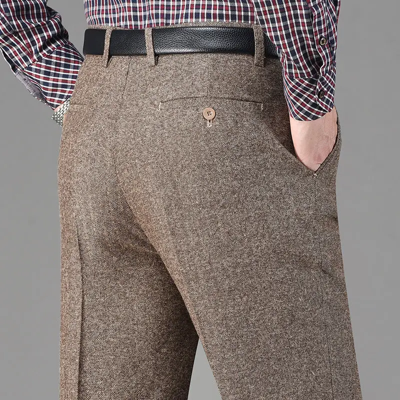 Winter Thick Woolen Pants Men's Warm Fashion Black Brown Casual Pants Men Korean Loose Straight-leg Pants Mens Trousers S-2XL