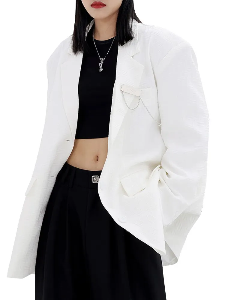 KBQ Spliced Chain Straight Blazer For Women Notched Collar Long Sleeve Patchwork Single Breasted Loose Casual Blazers Female New