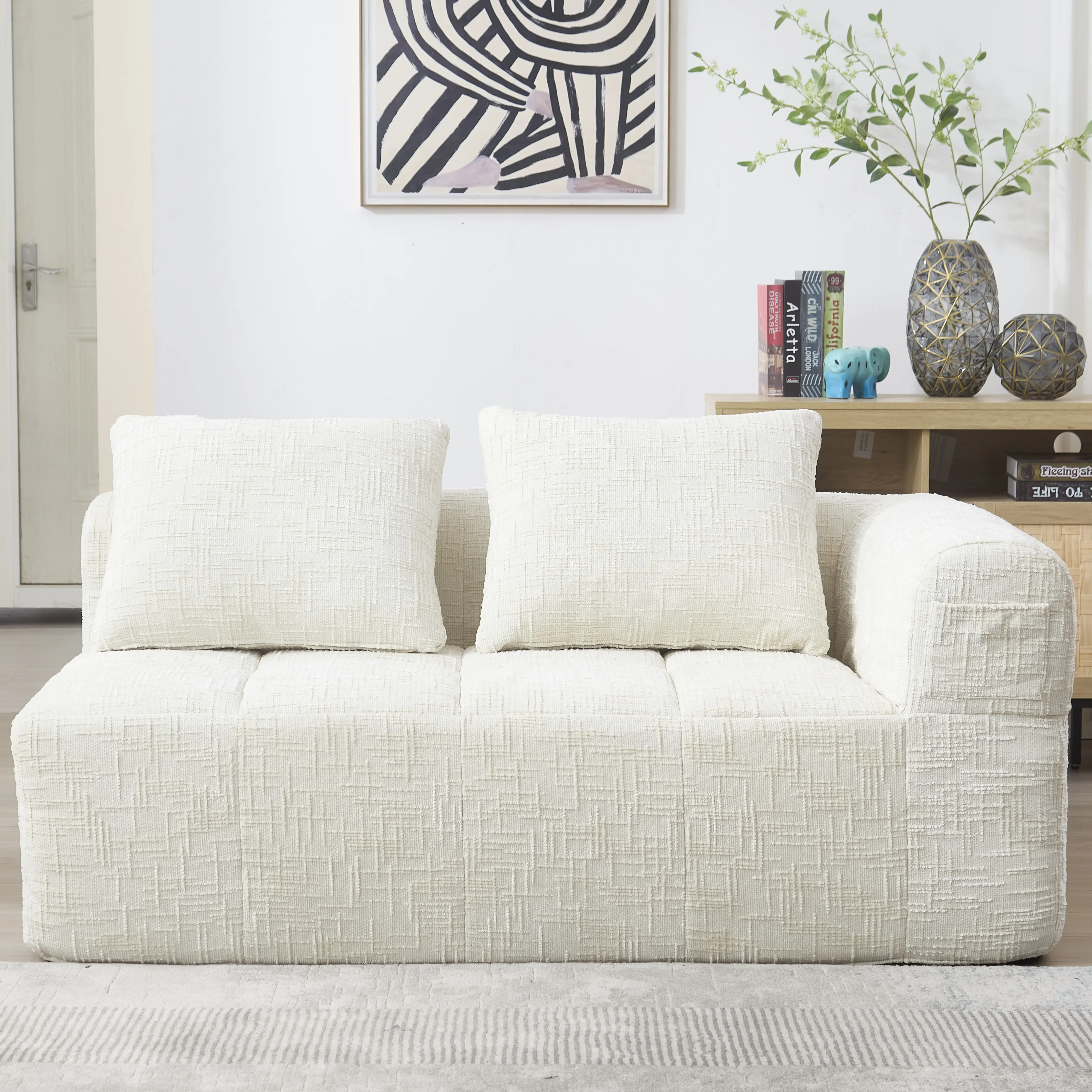 KOMHTOM Bequemes 2-Personen-Sofa, Kein Zusammenbau erforderlich, Flauschiges Kissen + Seitentaschen für Fernbedienung/Handy – Detail 1