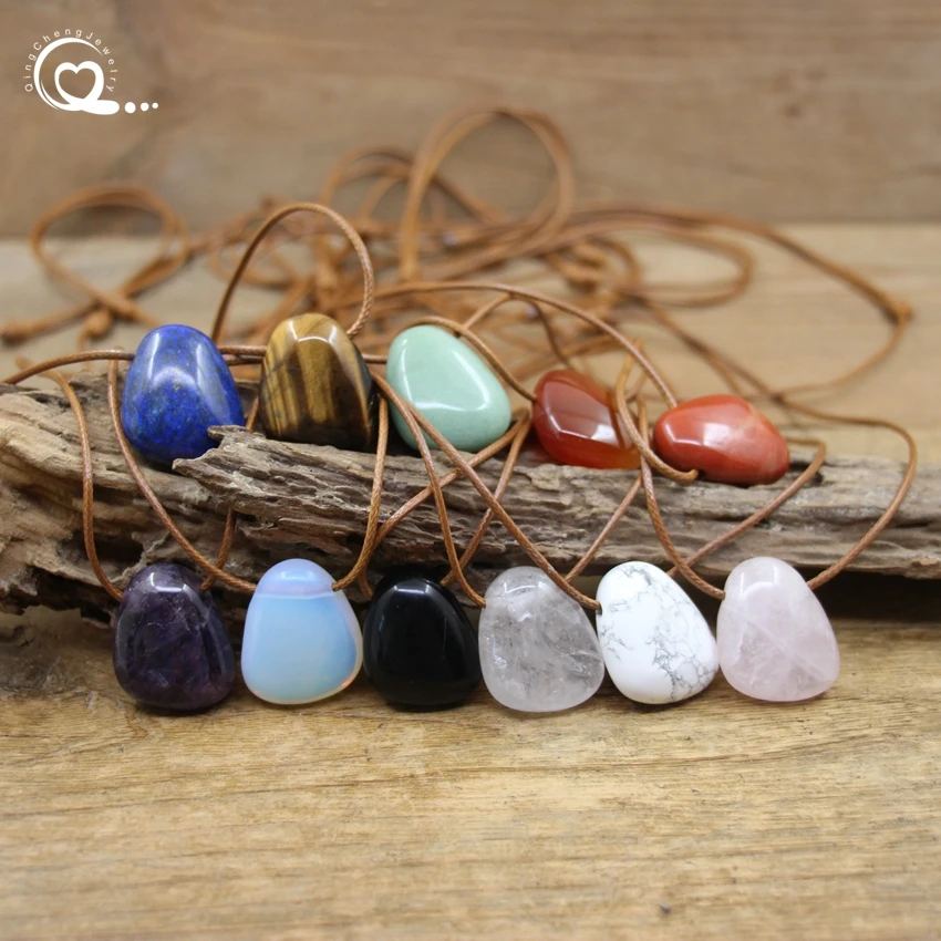 Natural Stone Nugget Pendant Necklace Healing Crystal Lapis Amethyst Tiger eye Aventurine Rose Quartz Opal Charms Jewelry QC3360