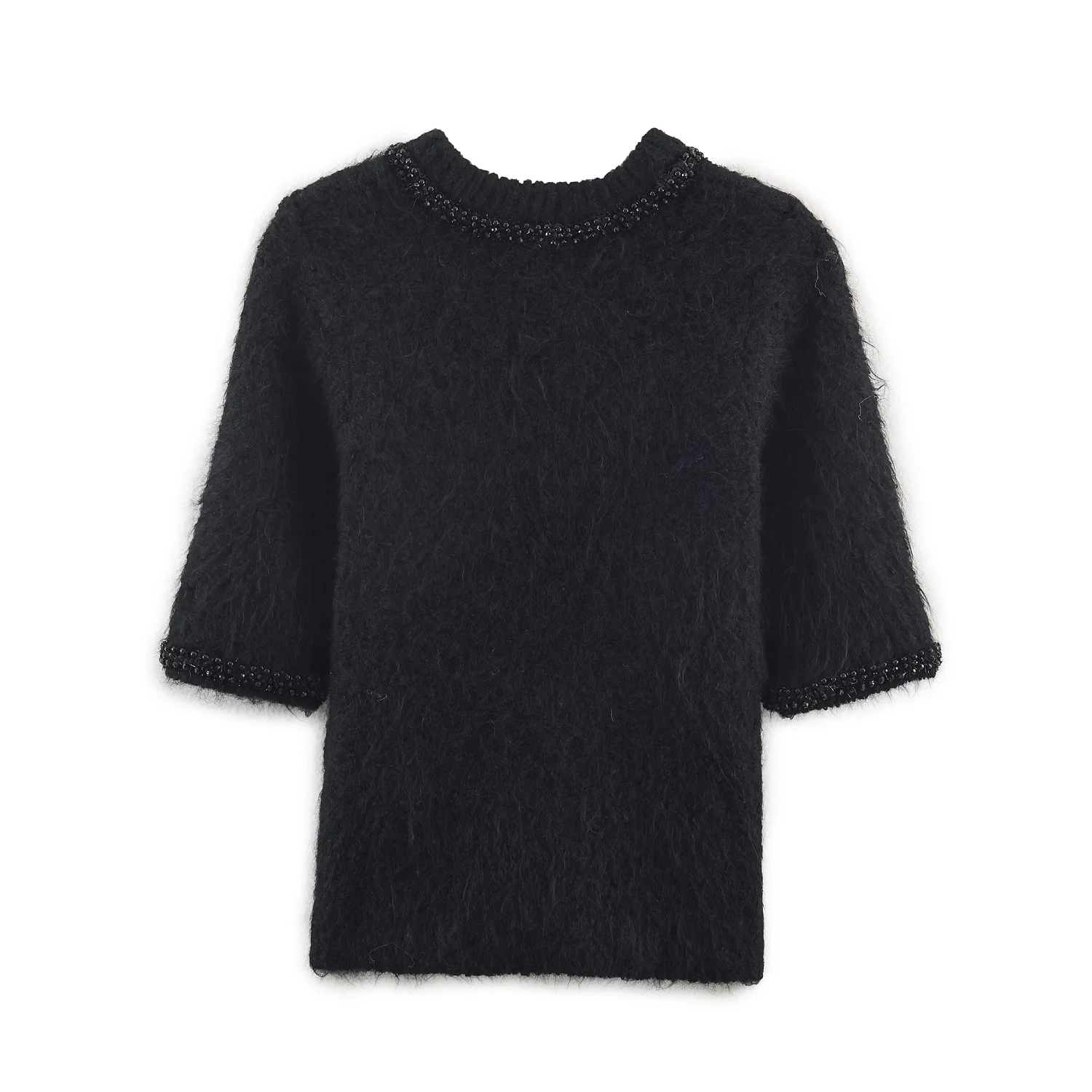 Women's Solid Color T-Shirts Spring Autumn Fashion Jewelry Decoration Knitted T Shirts For Women Short Sleeve Slim Casual Tops