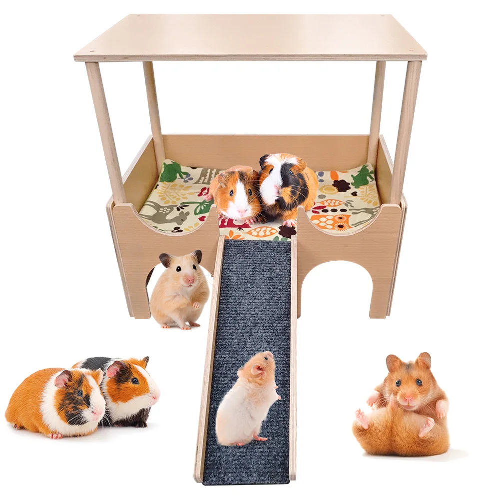 2-Tier Guinea Pig Hideout Wooden Guinea Pig Castle Small Animal House for Hamsters Bunny Chinchillas Playing Hiding
