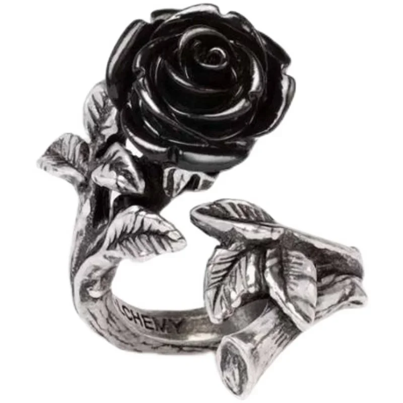 Bagues Vintage à fleurs de Rose de couleur noire pour femmes