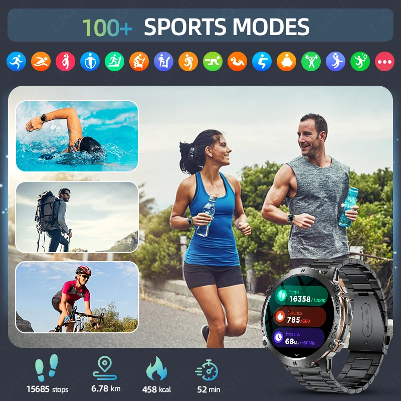LIGE Outdoor 900mAh Large Battery Smartwatch 1.73" AMOLED Compass Barometric Altimeter BT Voice Calling Smart Watch 107 Sports