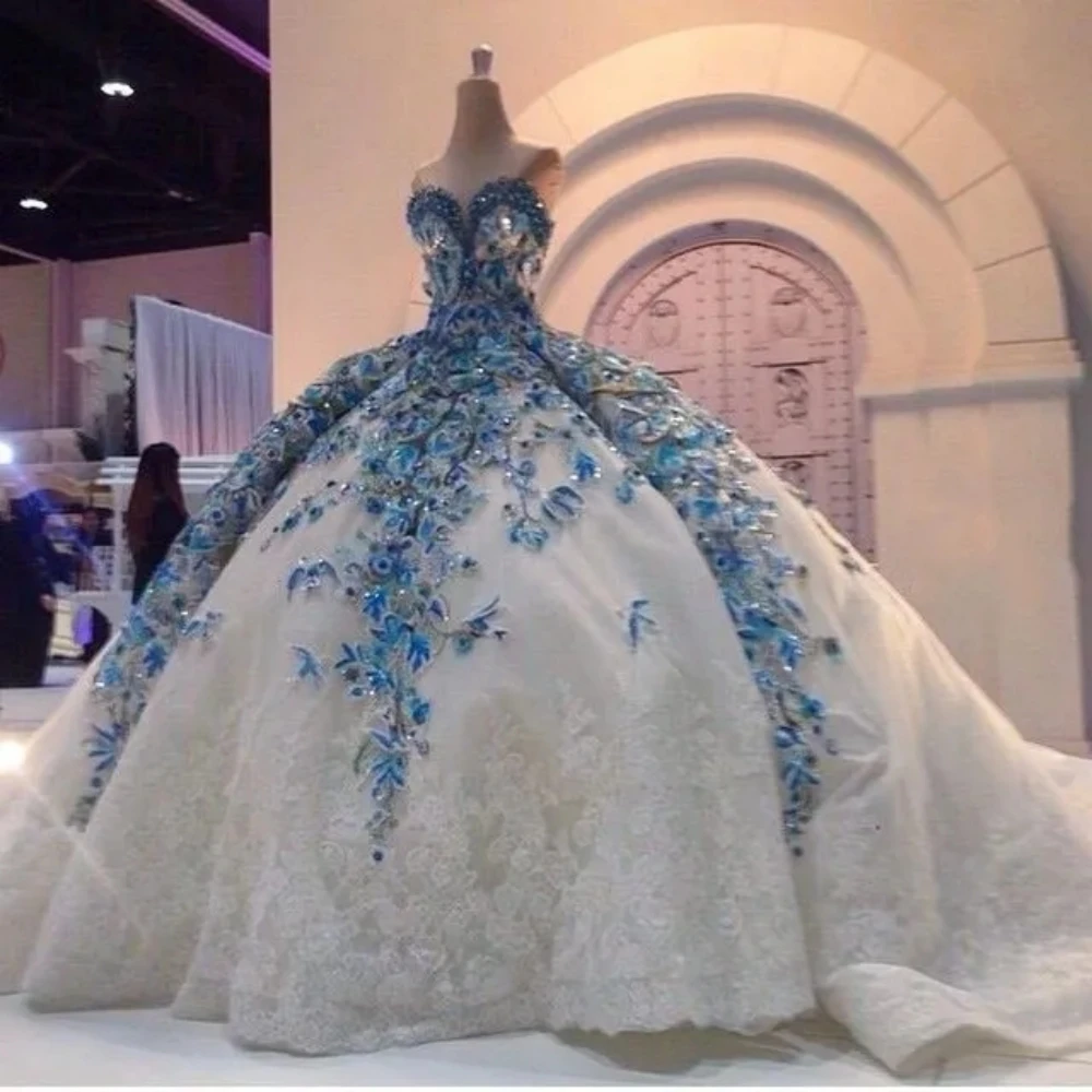 White Ball Gown Blue Floral Wedding Dresses Beaded Lace Appliques Prom Party | eBay White Ball Gown Blue Floral Wedding Dresses Beaded Lace Appliques Prom Party | eBay