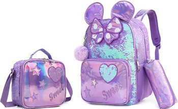 School Backpacks with Lunch Box for Elementary Students, Travel Sequin Backpack for Girls, 16 ", 3Pcs 1