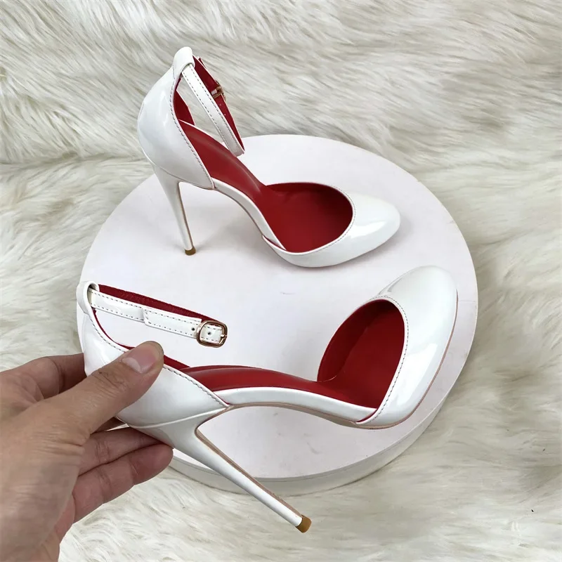 White Patent Leather Women Ankle Strap Stiletto Pumps Round