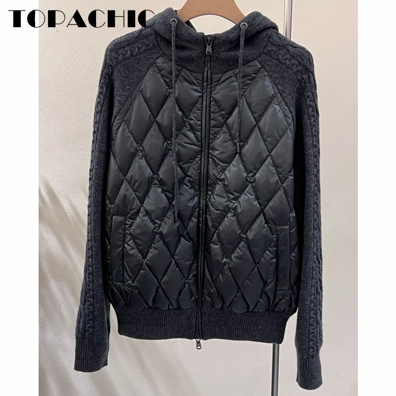 

10.12 TOPACHIC Women's Fashion Cashmere Twist Knitted Spliced Argyle Hooded Drawstring Goose Down Jacket
