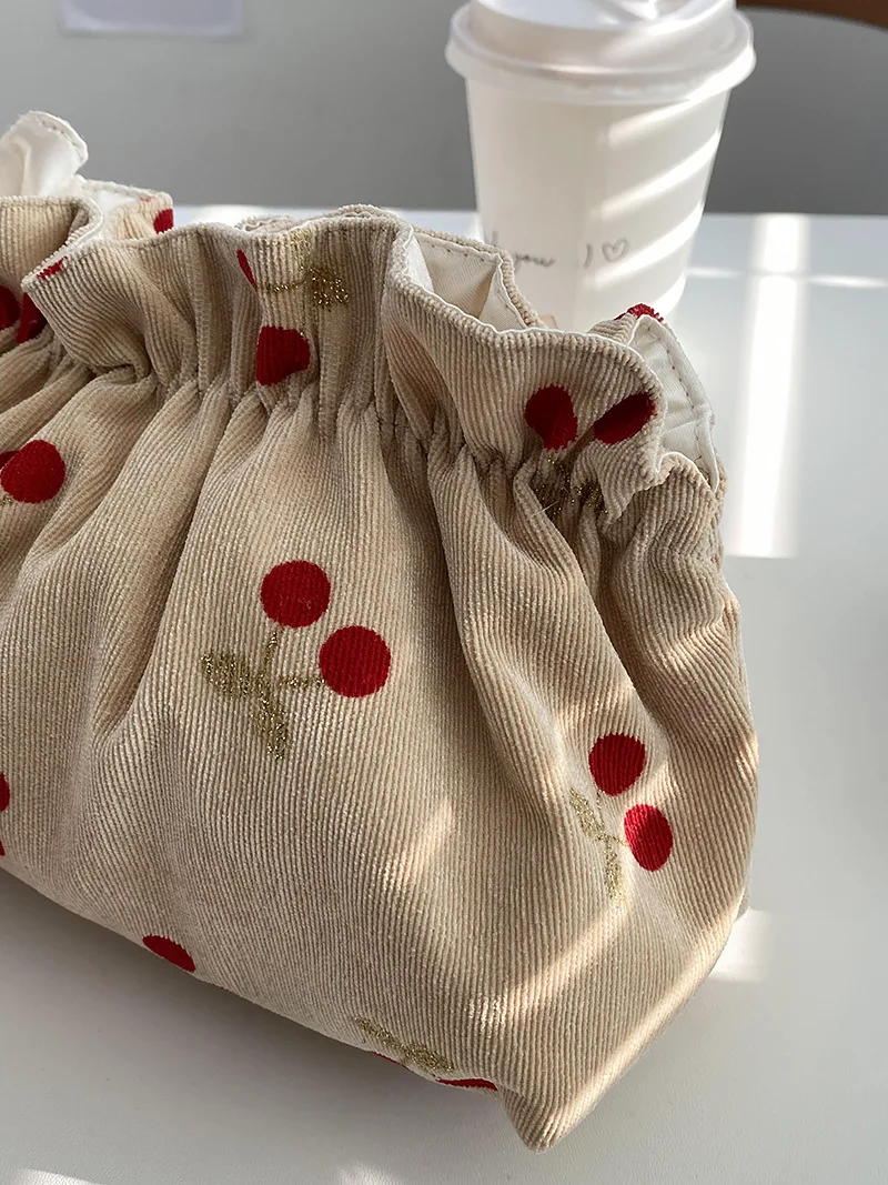 Soft Corduroy Cherry Make Up Bags for Mom Mommy Bag Baby Diaper Nappy Organizer Bowknot Women Evening Cluth Purse Maternity Bag 4