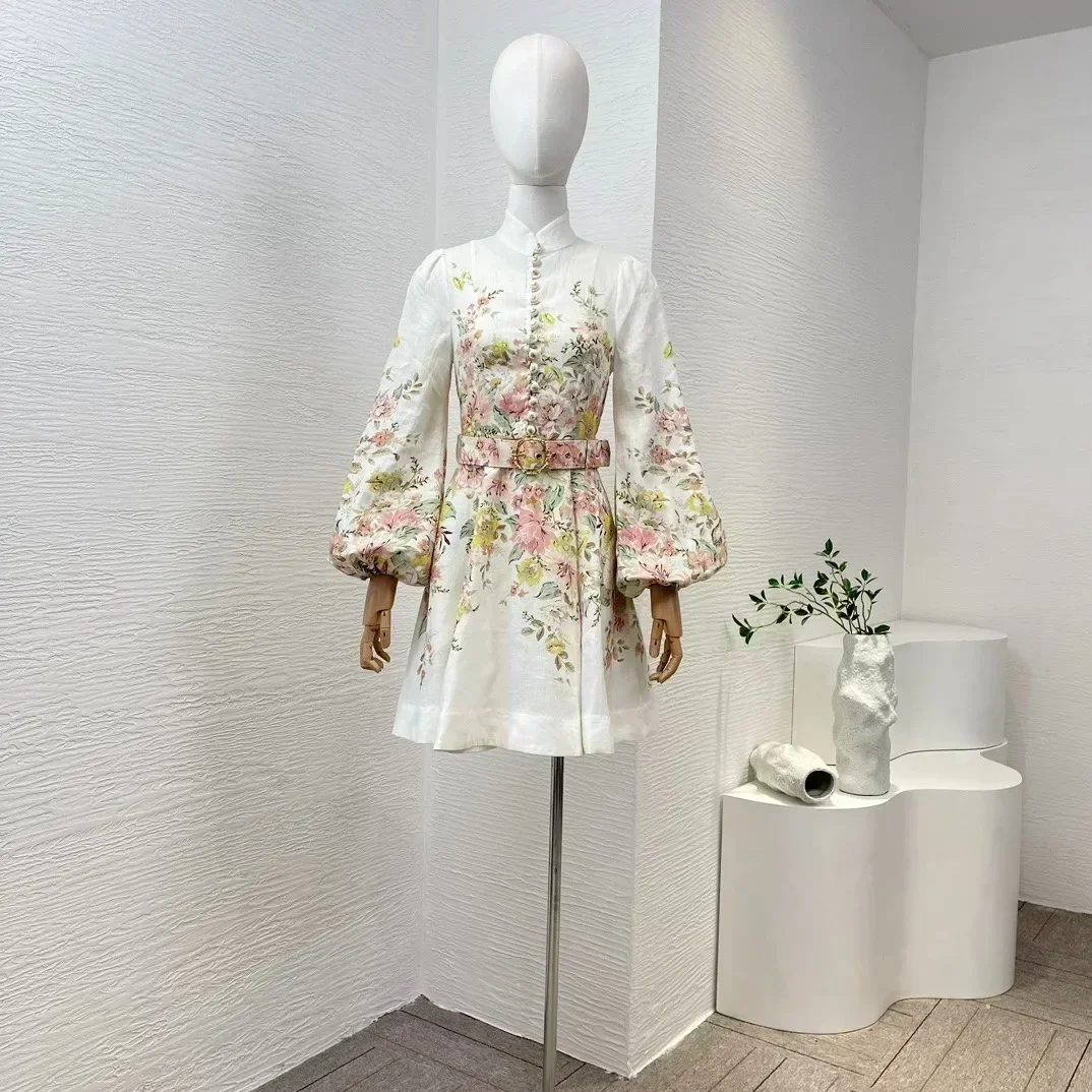 

Женское мини-платье из 2023 льна с цветочным градиентом и поясом