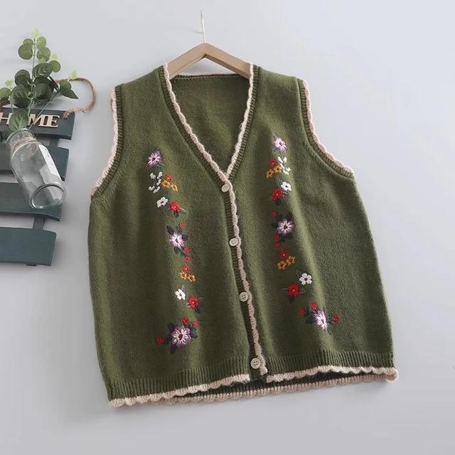Vintage Knit Floral Embroidery Sweater Vest Fall Mori Girl Retro