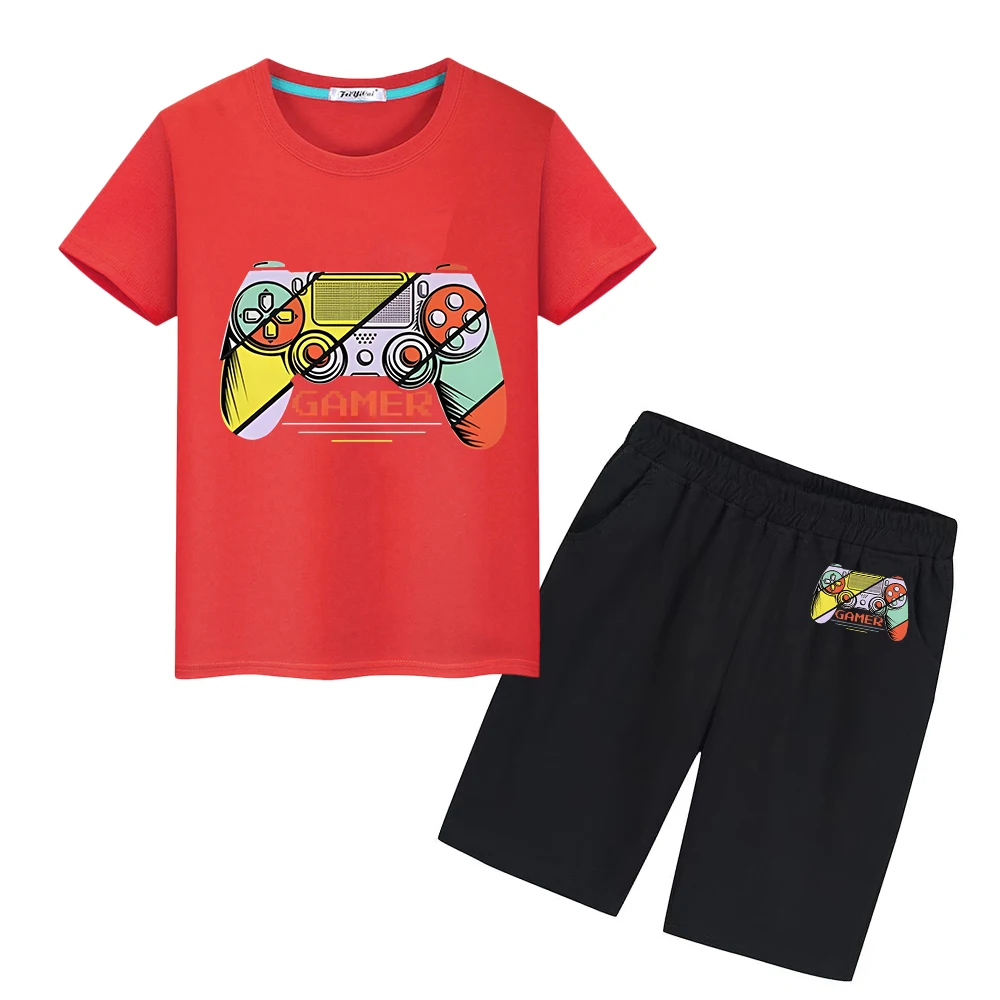 

Sports Sets Tops+shorts gamepad printing Summer 100%Cotton T-shirt boys girls clothes Cute Tshirts Kawaii Tees kid holiday gift