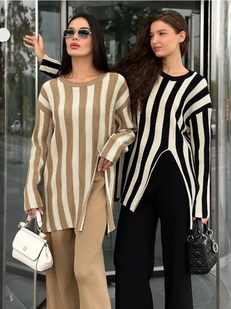 Striped Knitwear Fashion 2 Piece-Set For Women Contrast Long Sleeve Split Straight Trousers Outfits Women's Pants Sets