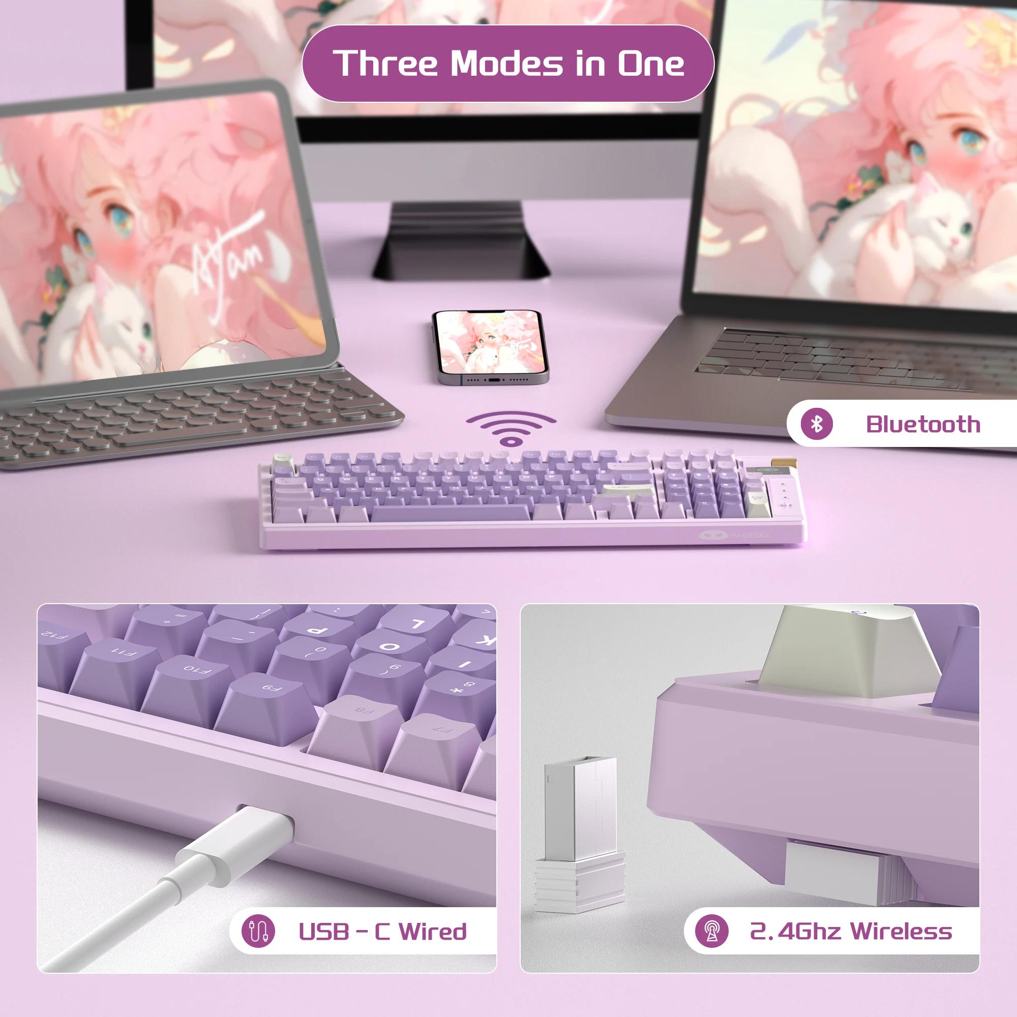 MageGee MK98 무선 블루투스 키보드, E스포츠 게임, 3 가지 모드 맞춤형 유선 키보드, 98 키, 핫 스왑 가능