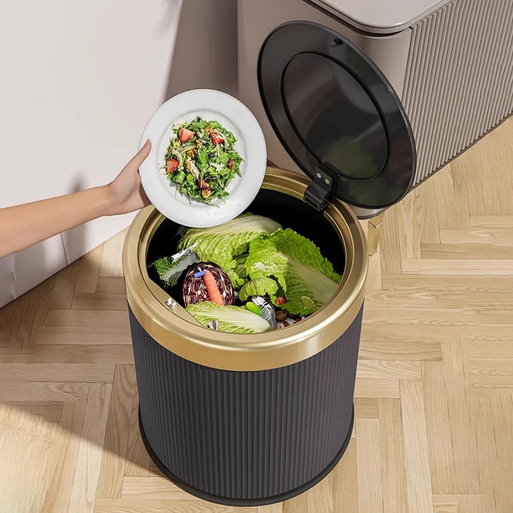 TODAYGO Confezione Da 2 Cestini Porta Rifiuti Rotondi Con Coperchio A Pressione - Design Nordico Anticane - Bianco 5L - 4