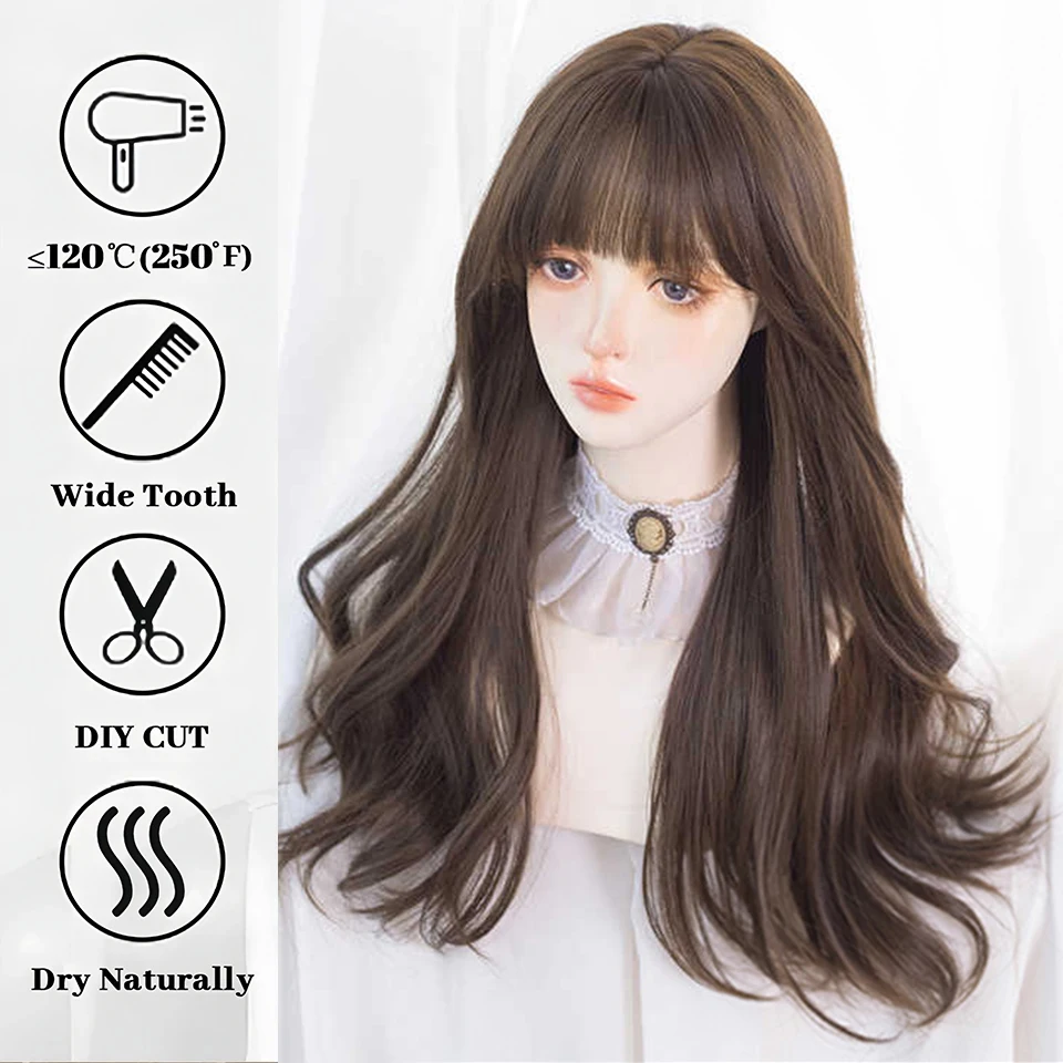 Brown Synthetic Long Deep Wave Wig For Women With Bangs