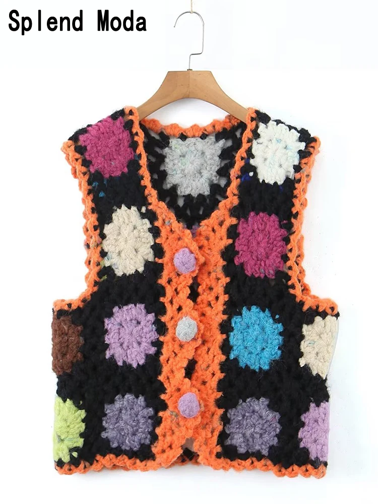 

2023 Women Autumn New Fashion Sweet Crochet Knitted Vest Chic Single-breasted Loose Sweater Vintage Hollow Out Cardigans TRAF
