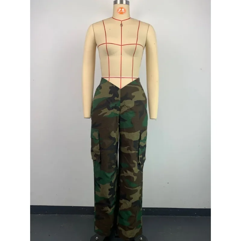 Camouflage Cargo Pant Women Y2k 2023 Summer New V Cut Elastic Low Waist Multi-pocket Trousers Personalized Straight Overalls