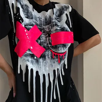 Nadafair 여성용 O넥 캐주얼 고딕 티셔츠, 블랙 반팔 그래픽 상의, 오버사이즈 Y2K 루즈한 티 코튼, 여름 프린트