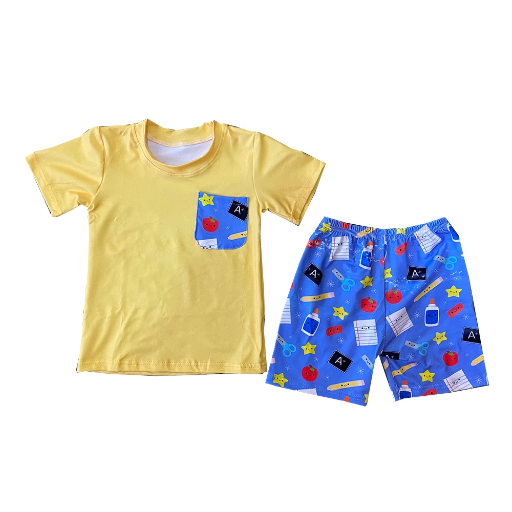 

Baby boy clothes back to school theme Red, yellow and blue crayon Apple book print set shorts short sleeve boys' sets