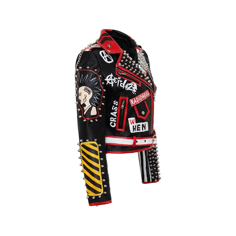 Rock Punk Motorcycle Leather Jacket Women 2024 Trend Metal Rivets Streetwear Graffiti  Print Faux Leather Cropped Jacket S-XXXL